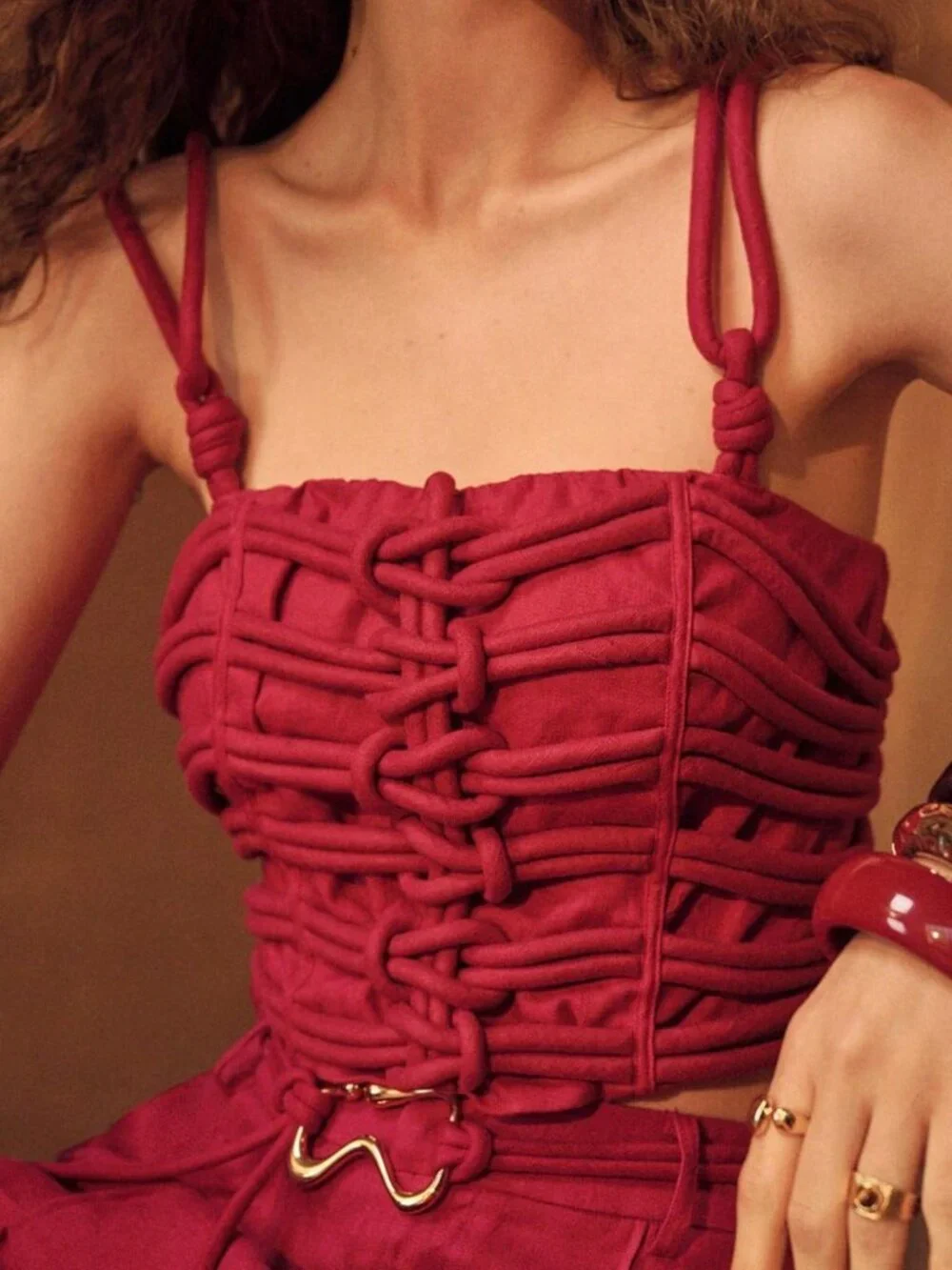 Red Casual Women's Linen Braided Strap Camisole Top